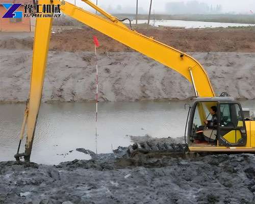 large excavator with long reach arm for river cleaning