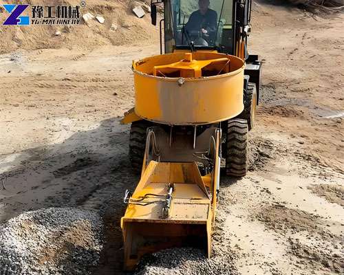 self loading concrete mixer truck on construction site