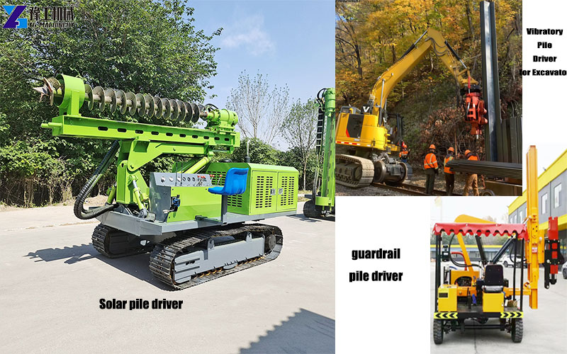 Pile driving equipment including solar pile driver, vibratory hammer, and guardrail pile driver