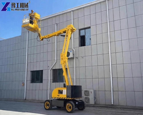 Articulating boom lift providing elevated access for building maintenance