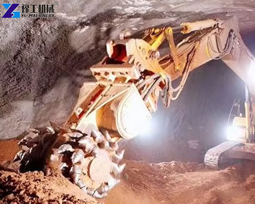 Drum cutter milling concrete with an excavator