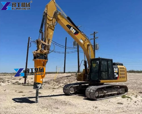 Hydraulic breaker attachment mounted on an excavator