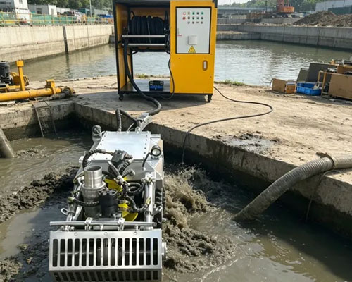 Industrial sludge dredging robot transferring collected sludge through a discharge pipeline