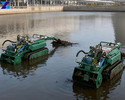 Lake dredging robot removing accumulated sediment from the lake bottom